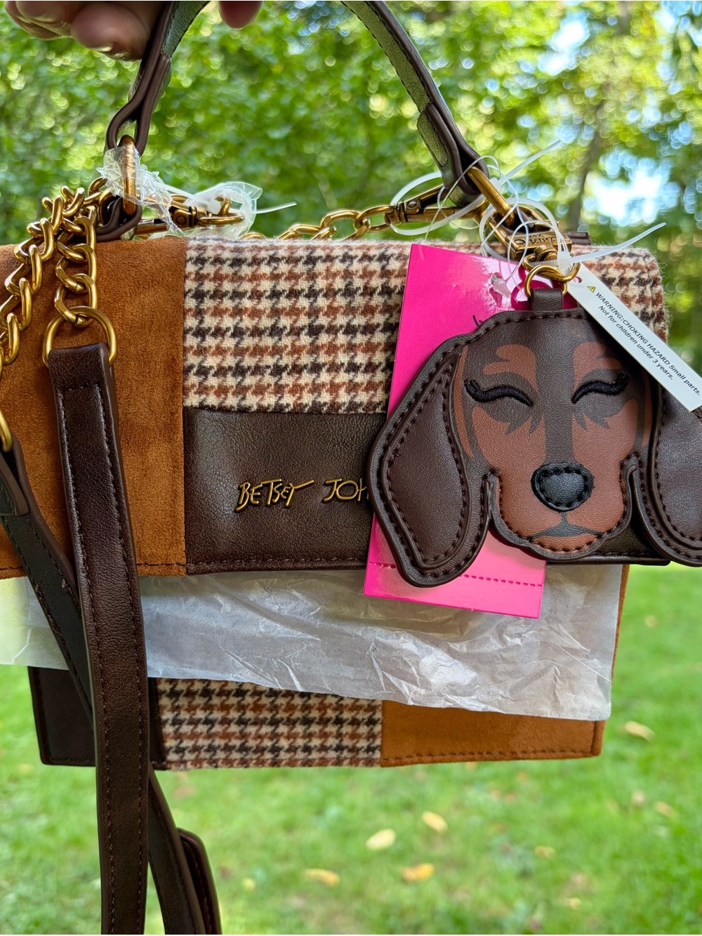 NWT Betsey Johnson Brown Burberry Style Patchwork Dog Crossbody Satchel